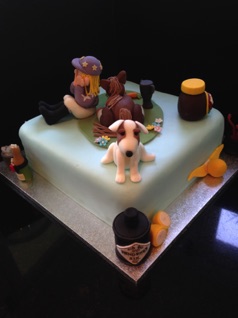 21st cake for a young equestrienne with a love of Marmite, Hendricks gin and her favourite terrier 